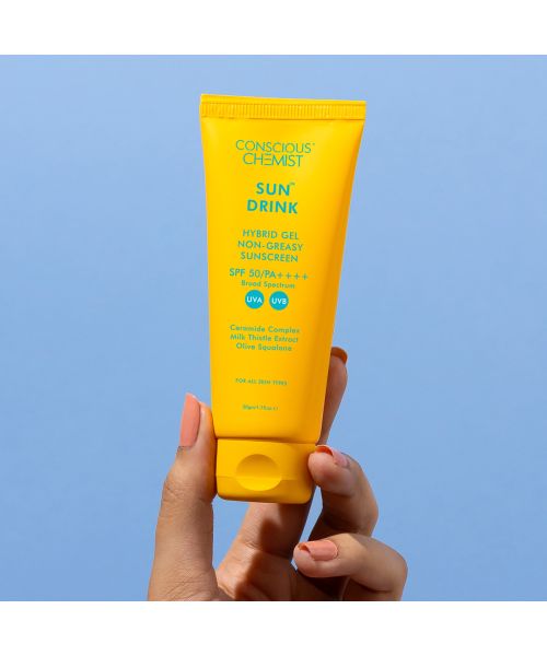 Conscious Chemist: Sun Drink Hybrid Gel Sunscreen with High UVA & UVB Protection, For Lightweight Dewy Finish, Ceramide & Antioxidant Blend With Spf50 Pa++++ (50g)