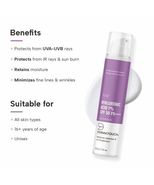 Dermatouch: Hyaluronic Sunscreen Hydrating Ultra Light Aqua Gel With SPF 50 Pa++++ | UV A, UV B & Blue Light Protection For Oily Skin - 50G