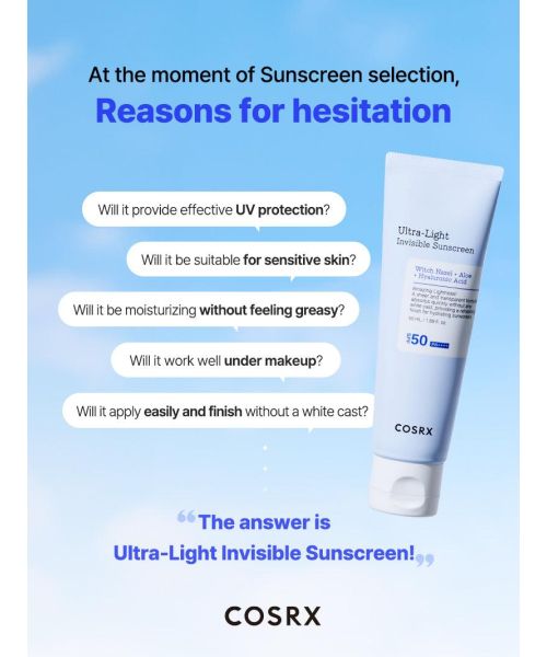 COSRX: Witch Hazel + Aloe | Ultra-Light Hydration | Invisible Face Sunscreen SPF50+ PA++++ | 50ml