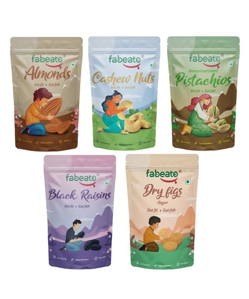 Fabeato: Dry Fruits & Nuts Combo Almonds,Cashews,Pistachios,Dry Fig,Seedless Black Raisins - (200g x 5)