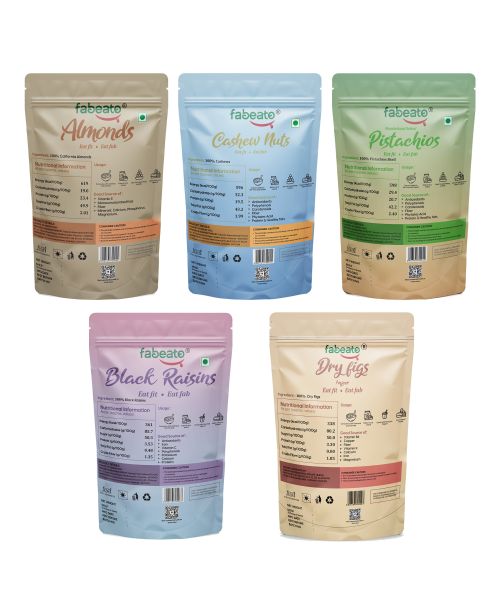 Fabeato: Dry Fruits & Nuts Combo Almonds,Cashews,Pistachios,Dry Fig,Seedless Black Raisins - (200g x 5)