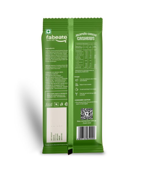 Fabeato: Munch on the Go Snack Premium Jalapeno Cheese Cashews, Crunchy - (25g x 10)
