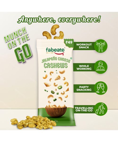 Fabeato: Munch on the Go Snack Premium Jalapeno Cheese Cashews, Crunchy - (25g x 10)
