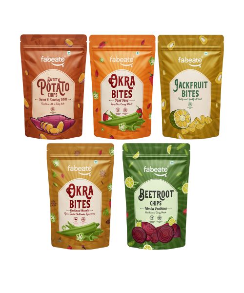Fabeato: Vegetable Chips Combo|Chettinad & Peri Peri Flavors Okra chips|Smokey BBQ Sweet Potato Chips|Ghost Flavour Beetroot Chips|Jack Fruit, Vacuum Fried|Pack of 5 - 175g