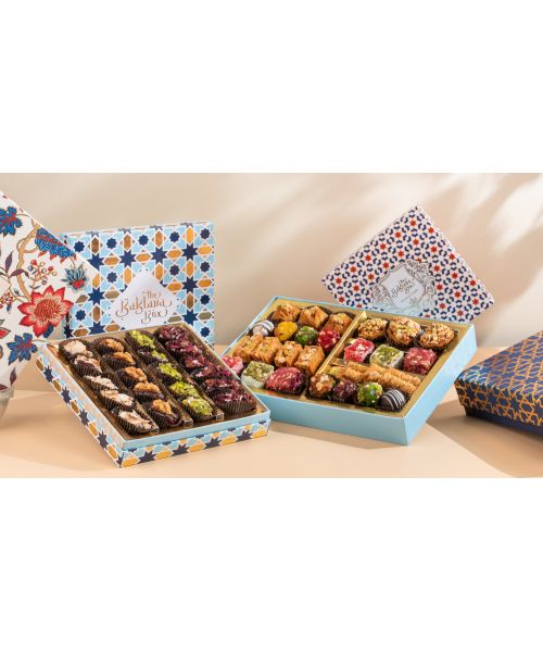 The Baklava Box: Diwali Special Combo Box With 4 Varities of each Dates,Baklava,Turkish Delight & Indian Fusion Sweets - 1kg