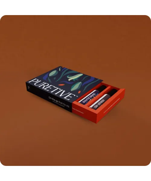 Puretive: Daily Wellness Roll On Kit Box | Set of 4 Roll Ons | De-stress RO | Migraine Ease RO | Sound Sleep RO | UnderEye Care RO | For Gifting & Daily Use | 10ml each