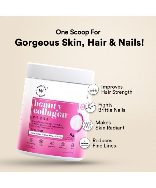 Wellbeing Nutrition: Beauty Korean Marine Collagen Peptides with Type I & III Strawberry Watermelon 250g