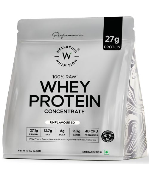 Wellbeing Nutrition: 100% Raw Whey Protein Concentrate (Unflavoured) | 27g Protein, 12.7g EAA, 6g BCAA | 4B CFU Probiotics & Natural Digestive Enzymes | No Bloating, Easy to Digest | 1kg