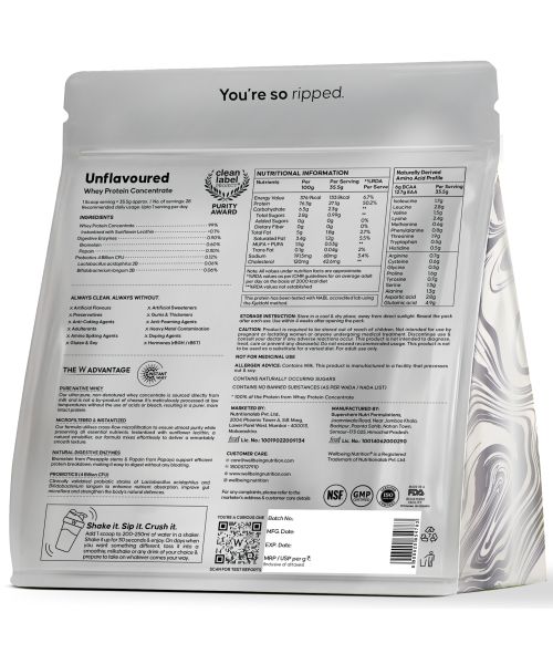 Wellbeing Nutrition: 100% Raw Whey Protein Concentrate (Unflavoured) | 27g Protein, 12.7g EAA, 6g BCAA | 4B CFU Probiotics & Natural Digestive Enzymes | No Bloating, Easy to Digest | 1kg