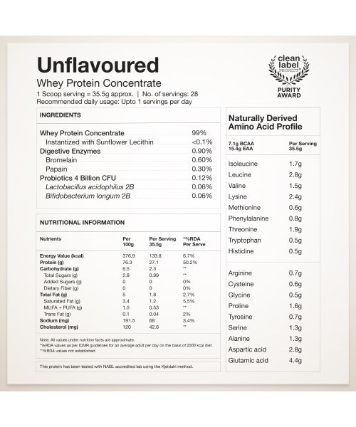 Wellbeing Nutrition: 100% Raw Whey Protein Concentrate (Unflavoured) | 27g Protein, 12.7g EAA, 6g BCAA | 4B CFU Probiotics & Natural Digestive Enzymes | No Bloating, Easy to Digest | 1kg