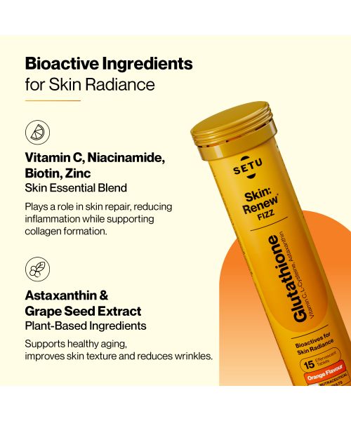 SETU: Skin Renew - 90 Effervescent Tablets | Glutathione With Vitamin C, Gluta Fizz, Supports Detoxification, Sugar-Free | Orange Flavour