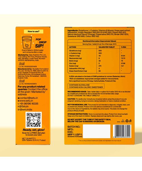SETU: Skin Renew - 90 Effervescent Tablets | Glutathione With Vitamin C, Gluta Fizz, Supports Detoxification, Sugar-Free | Orange Flavour