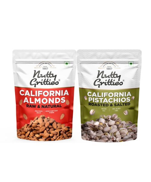 Nutty Gritties: Combo of Jumbo California Almonds 200gm & Roasted Pistachios -Pack of 2 - 200gm each