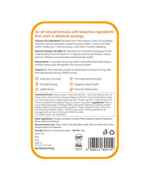 Wellbeing Nutrition: Natural Vitamin D3 + K2 Melts - 30 Oral Strips