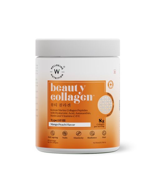 Wellbeing Nutrition: Beauty Korean Marine Collagen Peptides - Mango Peach Flavor | 250 gm