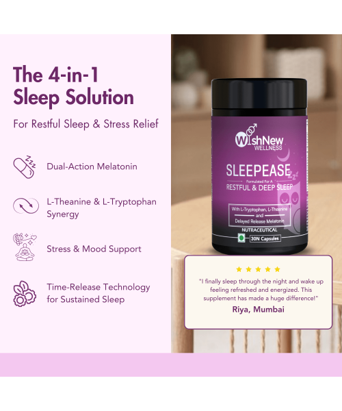 Wishnew Wellness: SLEEPEASE | 30 Capsules | Formulated for Restful & Deep Sleep | 100% Vegetarian