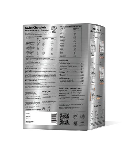 Wellbeing Nutrition: Whey Protein Isolate + Concentrate (Swiss Chocolate) 213g Pack of 6 24g Protein, 11.5g EAA, 1g Glutamine Clinically Proven 2x Muscle Protein Synthesis 4B CFU Probiotics & Digestive Enzymes