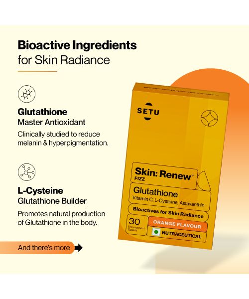 SETU: Skin Renew - 60 Effervescent Tablets | Glutathione With Vitamin C, Gluta Fizz, Supports Detoxification, Sugar-Free | Orange Flavour