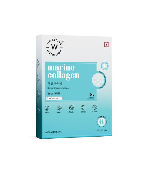 Wellbeing Nutrition: Pure Korean Marine Collagen Supplements for Women & Men | Clinically Proven Type 1 & 3 Hydrolyzed Peptides | For Anti-Aging, Radiant Skin & Hair Growth | Unflavored - 6 Sachets