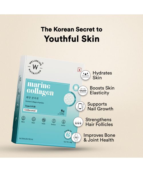 Wellbeing Nutrition: Pure Korean Marine Collagen Supplements for Women & Men | Clinically Proven Type 1 & 3 Hydrolyzed Peptides | For Anti-Aging, Radiant Skin & Hair Growth | Unflavored - 6 Sachets
