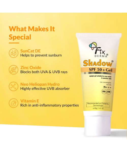 Fixderma: Shadow Sunscreen SPF 50+ PA+++ Gel Broad Spectrum Sunscreen - 40gm