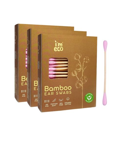 IMECO: Bamboo Ear Swabs | 100 Soft Double-Tip Cotton Buds | Pack of 3