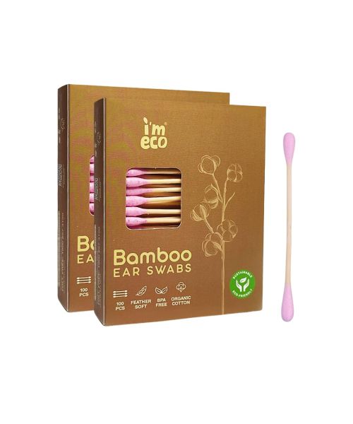 IMECO: Bamboo Ear Swabs | 100 Soft Double-Tip Cotton Buds | Pack of 2