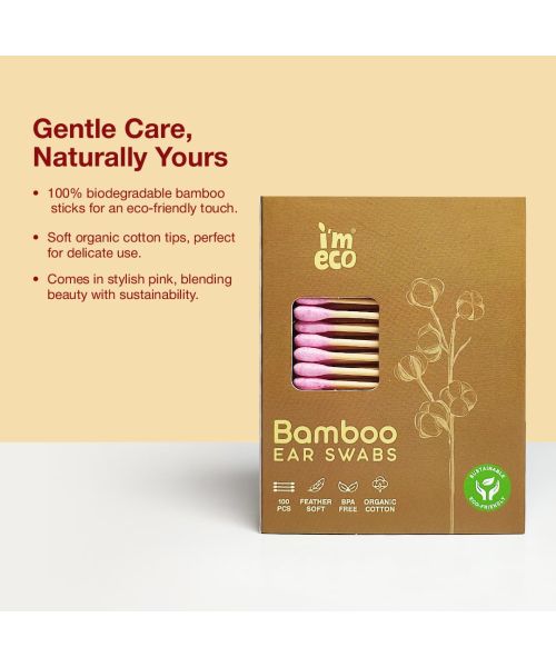IMECO: Bamboo Ear Swabs | 100 Soft Double-Tip Cotton Buds | Pack of 2