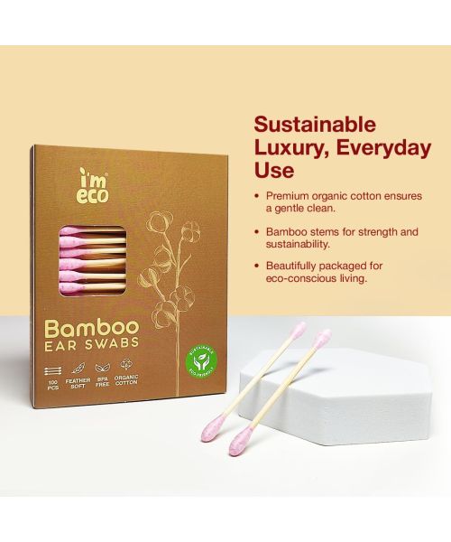 IMECO: Bamboo Ear Swabs | 100 Soft Double-Tip Cotton Buds |Pack of 15