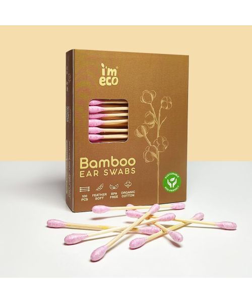 IMECO: Bamboo Ear Swabs | 100 Soft Double-Tip Cotton Buds |Pack of 15