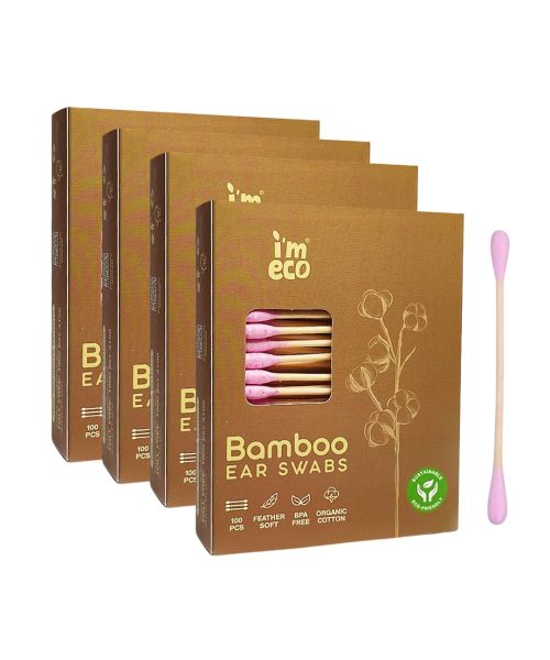 IMECO: IMECO Bamboo Ear Swabs | 100 Soft Double-Tip Cotton Buds | Pack of 4