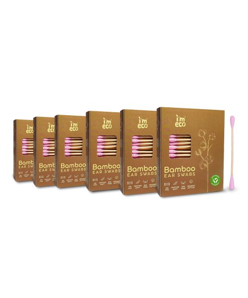 IMECO: Bamboo Ear Swabs | 100 Soft Double-Tip Cotton Buds | Pack of 6