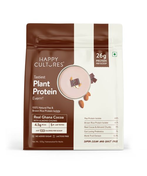 Happy Cultures: 26g Tastiest Plant Protein| Chocolate (Ghana Cocoa) & Almond Chunks  - 505g