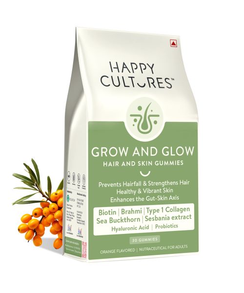 Happy Cultures: Grow and Glow | Hair Fall Control & Glowing Skin | 30 gummies