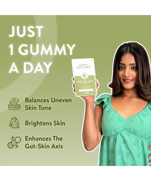 Happy Cultures: Grow and Glow | Hair Fall Control & Glowing Skin | 30 gummies