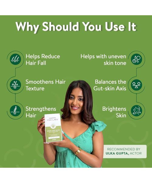 Happy Cultures: Grow and Glow | Hair Fall Control & Glowing Skin | 30 gummies