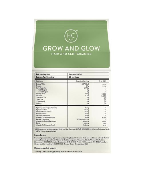 Happy Cultures: Grow and Glow | Hair Fall Control & Glowing Skin | 30 gummies
