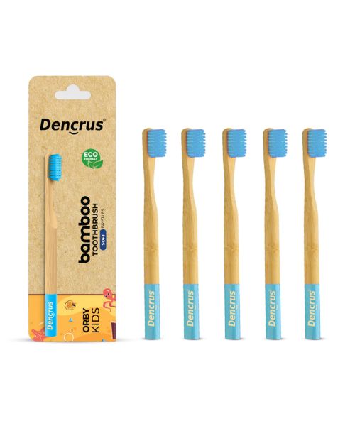 DENCRUS: Orby Kids Bamboo Toothbrush For Kids | 100% Natural Soft Bristles | Blue | Pack of 5