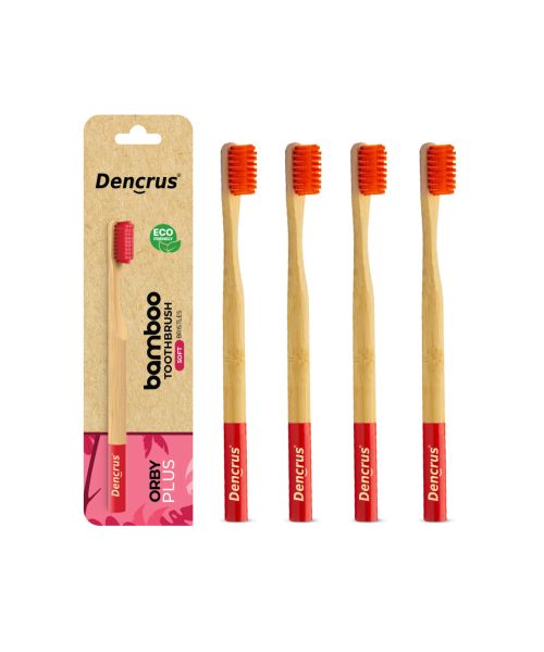 DENCRUS: Orby Plus Bamboo Toothbrush For Adults | 100% Natural Soft Bristles | Red | Pack of 4