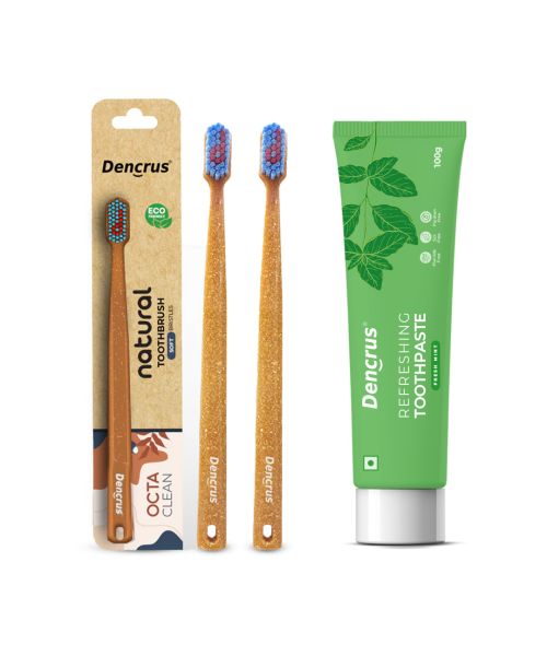DENCRUS: Mint Toothpaste And Octa Clean Bamboo Toothbrush Pack of 2 Combo | Mint Oral Care Combo