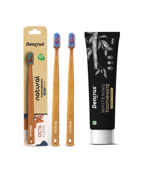 DENCRUS: Charcoal Toothpaste And Octa Clean Bamboo Toothbrush Pack of 2 Combo | Charcoal Oral Care Combo