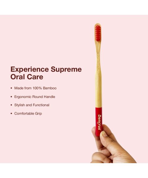 DENCRUS: Orby Plus Bamboo Toothbrush For Adults | 100% Natural Soft Bristles | Red | Pack of 4
