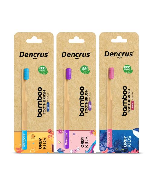 DENCRUS: Orby Kids Bamboo Toothbrush For Kids | 100% Natural Soft Bristles | Pink, Lavender, Blue | Pack of 3