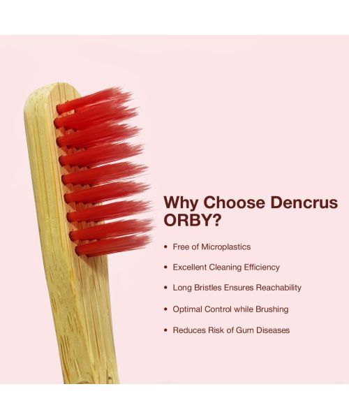 DENCRUS: Orby Plus Bamboo Toothbrush For Adults | 100% Natural Soft Bristles | Red | Pack of 4