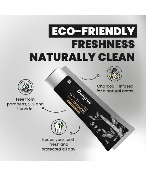 DENCRUS: Charcoal Toothpaste And Octa Clean Bamboo Toothbrush Pack of 2 Combo | Charcoal Oral Care Combo