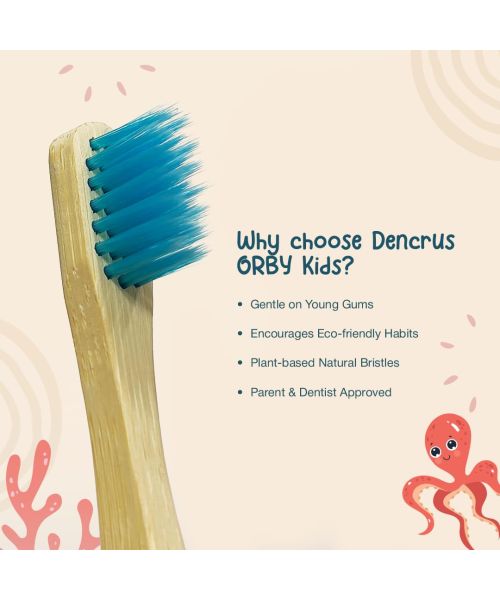 DENCRUS: Orby Kids Bamboo Toothbrush For Kids | 100% Natural Soft Bristles | Pink, Lavender, Blue | Pack of 3