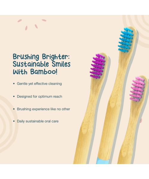 DENCRUS: Orby Kids Bamboo Toothbrush For Kids | 100% Natural Soft Bristles | Pink, Lavender, Blue | Pack of 3