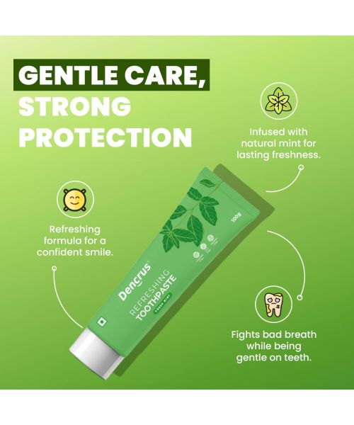 DENCRUS: Mint Toothpaste And Octa Clean Bamboo Toothbrush Pack of 2 Combo | Mint Oral Care Combo