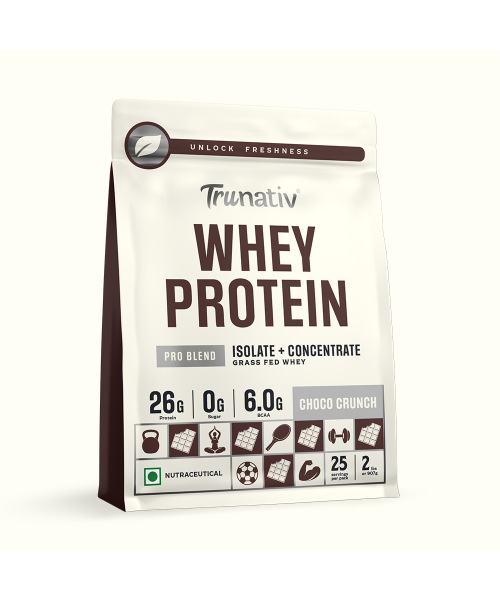 TruNativ: Whey protein powder | Blend with Isolate and Concentrate | 26g Protein | 6g BCAA | No added Sugar | Choco Crunch (907g / 2lbs)