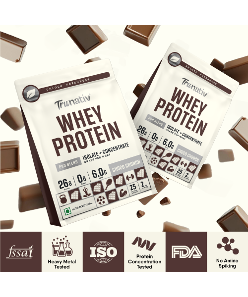TruNativ: Whey protein powder | Blend with Isolate and Concentrate | 26g Protein | 6g BCAA | No added Sugar | Choco Crunch (907g / 2lbs)